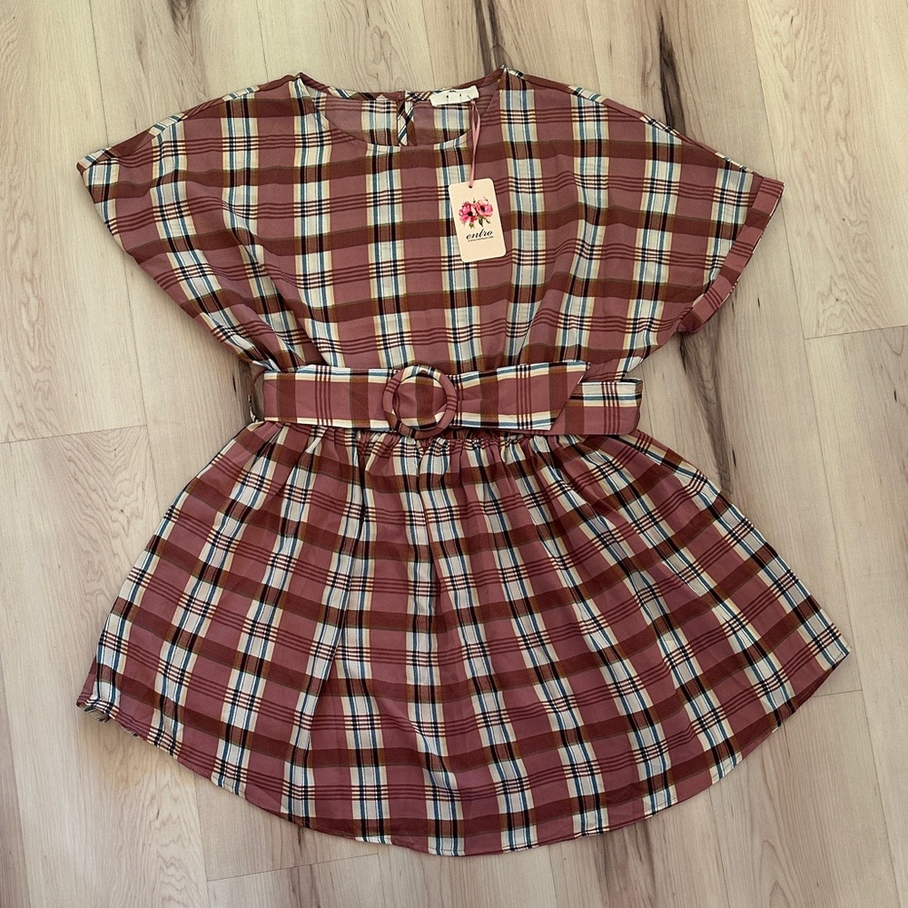 Entro Plaid Belted Tunic Top
